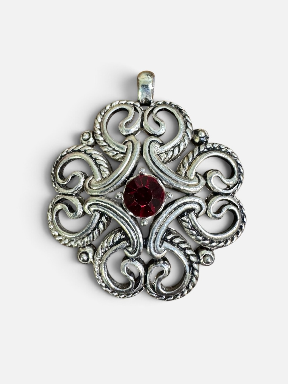 Silver Tone Filigree Pendant with Red Stone Gothic Victorian Medieval Revival